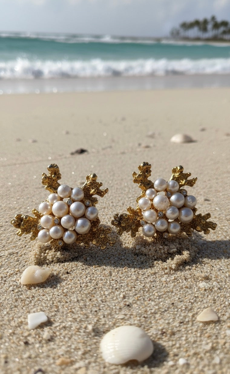 Vintage Signed CRAFT Coral-Reef Clip-On Earrings-Gold-Tone Faux Pearls & Rhinestones (1960s-70s)